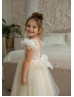 Ivory Sequined Lace Nude Tulle Flower Girl Dress With Detachable Train